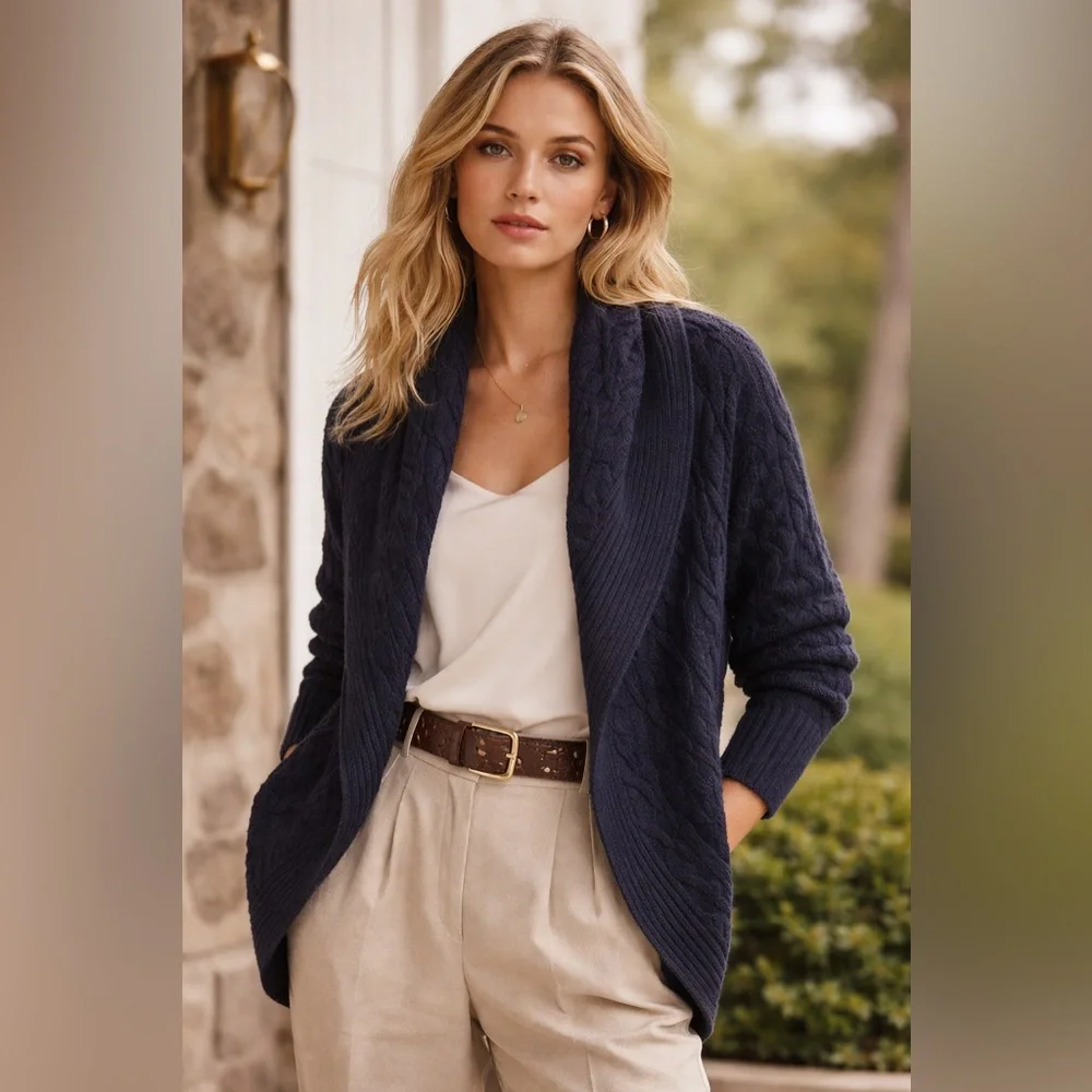 RALPH LAUREN BLACK LABEL 100% Cashmere Cocoon Cardigan Navy Cable Knit Luxury L